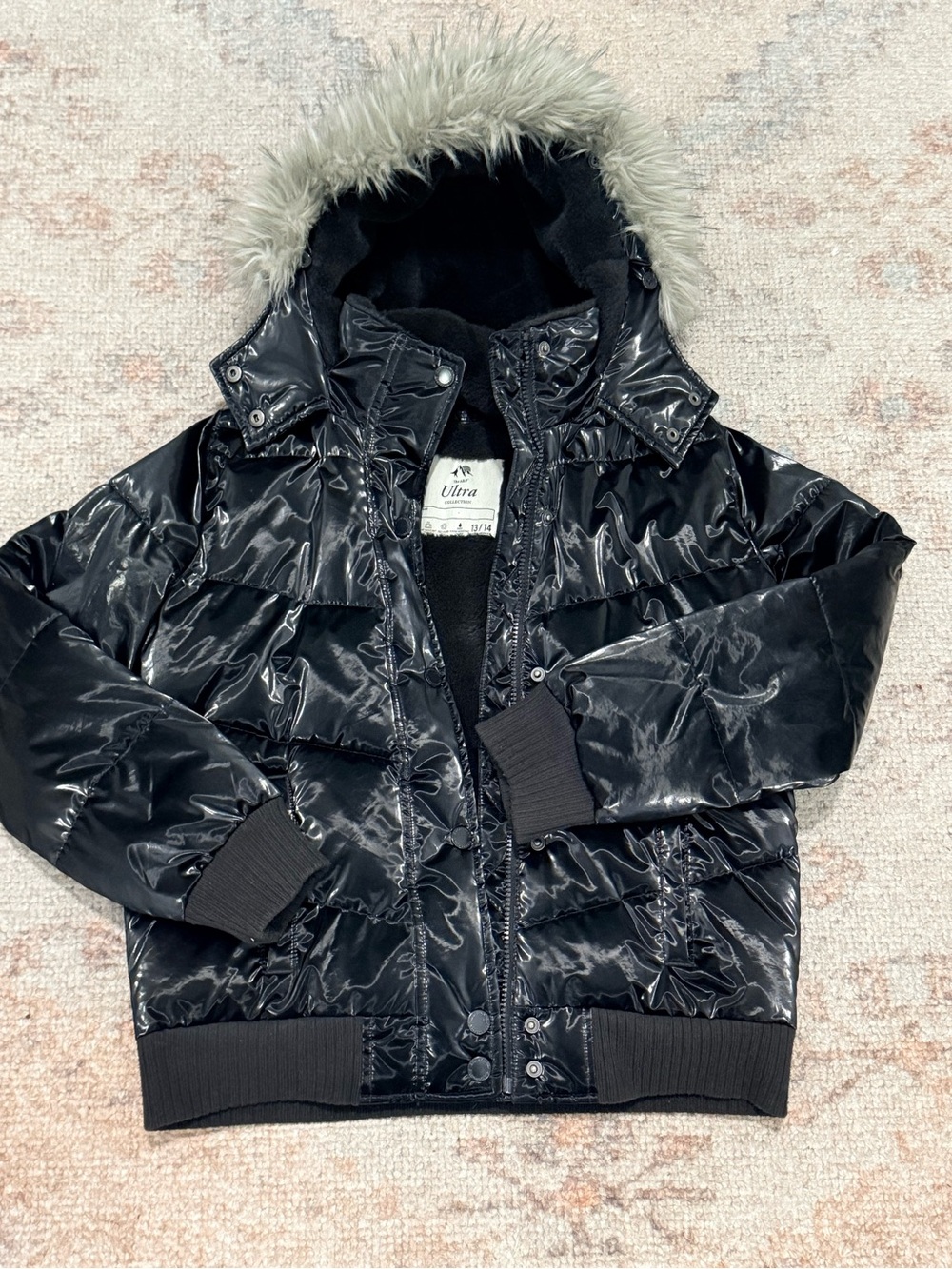 abercrombie kids Shiny Black Puffer Jacket with Faux Fur Hood
